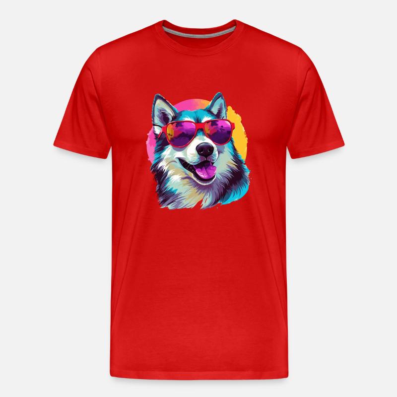 Bunte Alaskan Husky mit Sonnenbrille - Männer Premium Bio T-Shirt - Rot