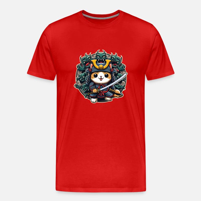Samurai-Ninja-Katze und Monster dahinter - Männer Premium Bio T-Shirt - Rot