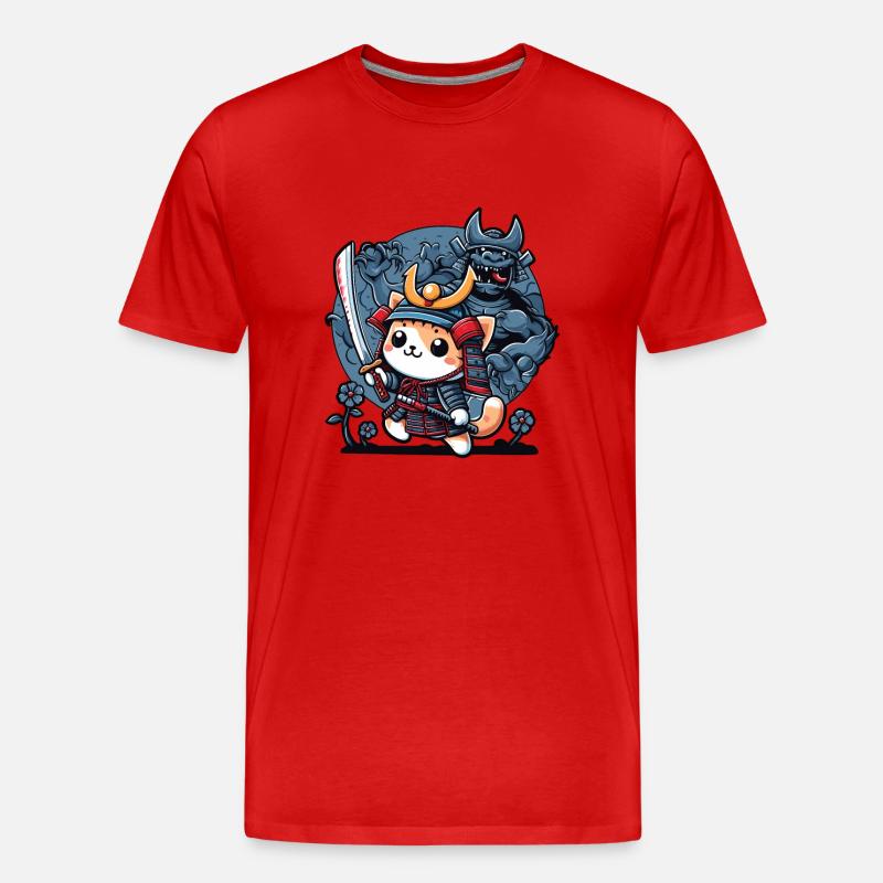 Samurai-Ninja-Katze und Monster dahinter - Männer Premium Bio T-Shirt - Rot