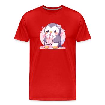 Kawaii Pinguin trinkt Boba Bubble Tea Chibi - Männer Premium Bio T-Shirt - Rot - Vorne - Damien (186cm)