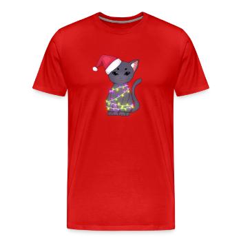 Chat noir mignon portant le chapeau de père Noël, lumières de Noël - T-shirt bio Premium Homme - rouge - Devant - Damien (186cm)