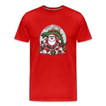 Gros chat comme Père Noël et dinosaure détruisant des cadeaux, - T-shirt bio Premium Homme - rouge - Devant - Damien (186cm)