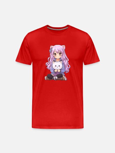 Kawaii Girl Anime Manga Fille et chat - T-shirt bio Premium Homme - rouge