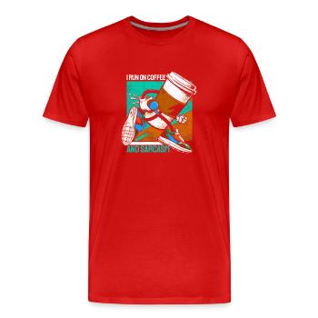 Coffee Gift: I Run On Coffee And Sarcasm - Men's Premium Organic T-Shirt - red - Front - Damien (186cm)