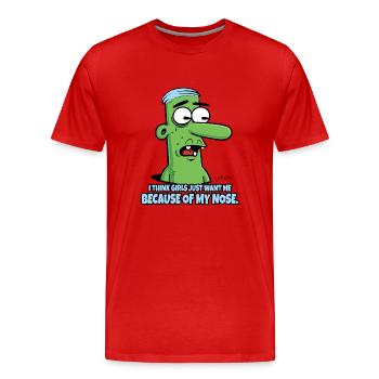 Les filles n’aiment que mon long nez - T-shirt bio Premium Homme - rouge - Devant - Damien (186cm)