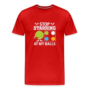 Hör auf, auf meine Eier zu starren - Männer Premium Bio T-Shirt - Rot - Vorne - Damien (186cm)