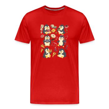 Pingouin : café, pizza, beignet, musique, lecture de livres - T-shirt bio Premium Homme - rouge - Devant - Damien (186cm)