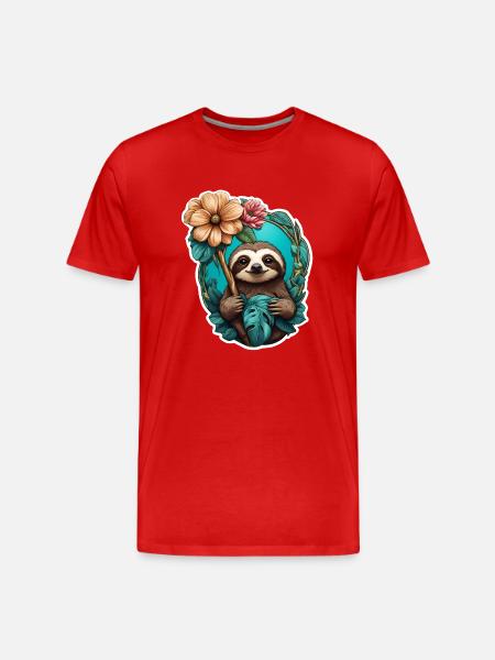 Faultier und Blume - Männer Premium Bio T-Shirt - Rot