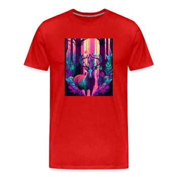 Leuchtender Waldhirsch mit Neonvogel - Männer Premium Bio T-Shirt - Rot - Vorne - Damien (186cm)