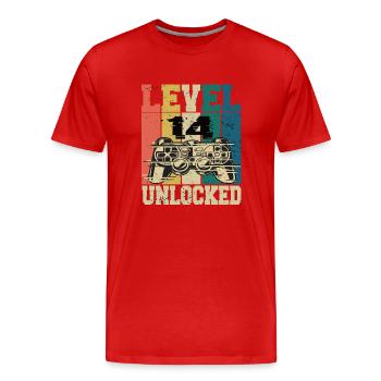 Level 14 Unlocked - Men's Premium Organic T-Shirt - red - Front - Damien (186cm)
