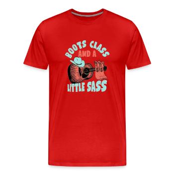 Des bottes, de la classe et un peu d’audace dans le pays de l’Ouest Mu - T-shirt bio Premium Homme - rouge - Devant - Damien (186cm)