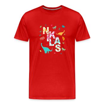 NIKLAS - Beautiful boy name with dinosaur - Men's Premium Organic T-Shirt - red - Front - Damien (186cm)