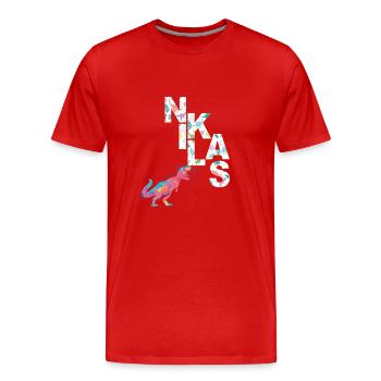 NIKLAS - Beautiful boy name with dinosaur - Men's Premium Organic T-Shirt - red - Front - Damien (186cm)