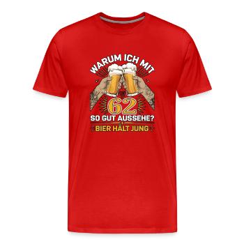 Pourquoi est-ce que j’ai l’air si bien à 62 ans ? La bière vous garde jeune - T-shirt bio Premium Homme - rouge - Devant - Damien (186cm)