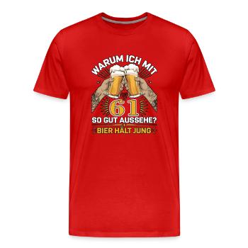 Pourquoi est-ce que j’ai l’air si bien à 61 ans ? La bière vous garde jeune - T-shirt bio Premium Homme - rouge - Devant - Damien (186cm)