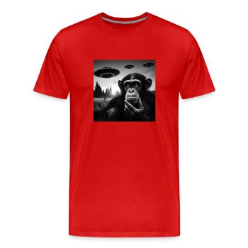 Chimp Monkey Ape Funny Selfie with UFOs Weird Alie - Men's Premium Organic T-Shirt - red - Front - Damien (186cm)