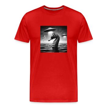 Mutant seahorse Funny Graphic Selfie with UFOs Wei - Men's Premium Organic T-Shirt - red - Front - Damien (186cm)