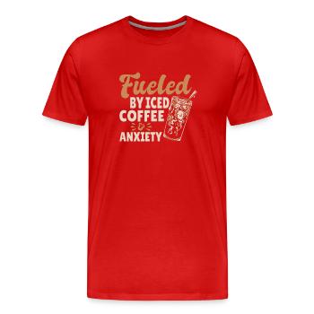 Powered by iced coffee and fear - Men's Premium Organic T-Shirt - red - Front - Damien (186cm)