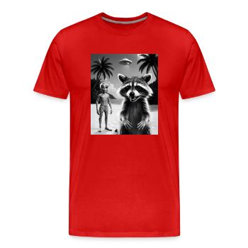 Waschbär macht ein Selfie am Strand mit Alien - Männer Premium Bio T-Shirt - Rot - Vorne - Damien (186cm)