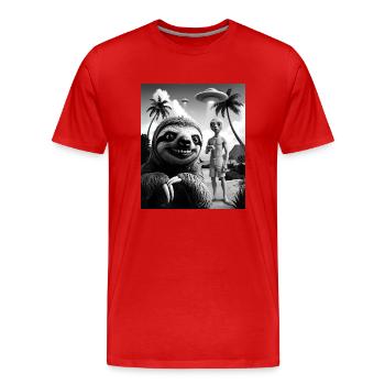 Faultier macht Selfie mit Alien am Strand - Männer Premium Bio T-Shirt - Rot - Vorne - Damien (186cm)