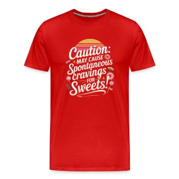 Caution: May cause spontaneous cravings for sweets - Men's Premium Organic T-Shirt - red - Front - Damien (186cm)