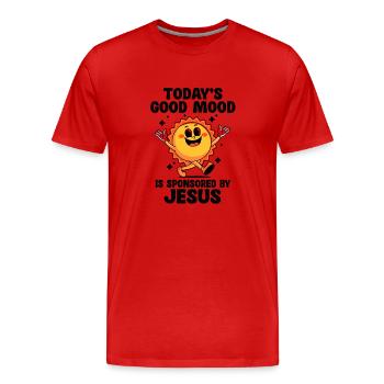 La bonne humeur d’aujourd’hui est parrainée par Jésus : - T-shirt bio Premium Homme - rouge - Devant - Damien (186cm)