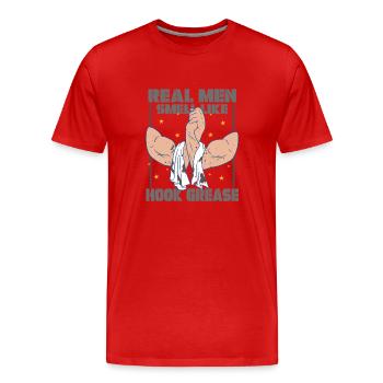 Hafenarbeiter Real Men Smell Like Hook Greash - Männer Premium Bio T-Shirt - Rot - Vorne - Damien (186cm)