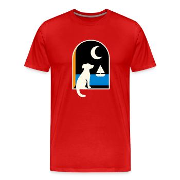 Dog gazing sailboat under the moon - Men's Premium Organic T-Shirt - red - Front - Damien (186cm)