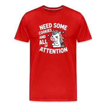 J’ai besoin de biscuits et de toute l’attention Licorne - T-shirt bio Premium Homme - rouge - Devant - Damien (186cm)
