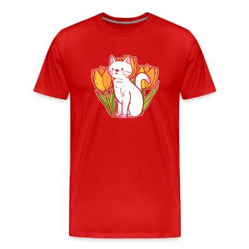 Katze mit Tulpen Gärtner - Männer Premium Bio T-Shirt - Rot - Vorne - Damien (186cm)