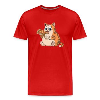 Lustige mollige Katze, die Pizza isst Fast Food - Männer Premium Bio T-Shirt - Rot - Vorne - Damien (186cm)