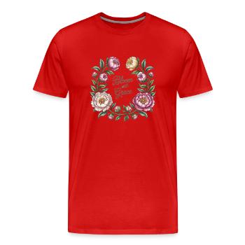Bloom with Grace – Pfingstrosenkranz - Männer Premium Bio T-Shirt - Rot - Vorne - Damien (186cm)