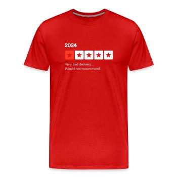 2024, Sehr schlechte Lieferung... Sarkastische Ein-Stern-Rezension - Männer Premium Bio T-Shirt - Rot - Vorne - Damien (186cm)