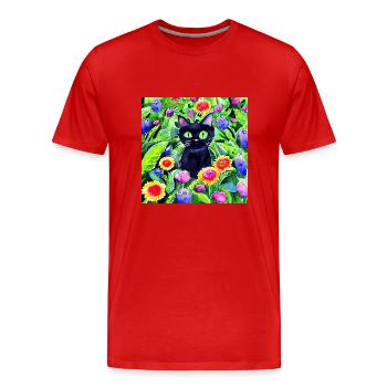 Black cat sitting in a flower garden - Men's Premium Organic T-Shirt - red - Front - Damien (186cm)