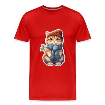Chat en hiver avec bonnet et écharpe - T-shirt bio Premium Homme - rouge - Devant - Damien (186cm)