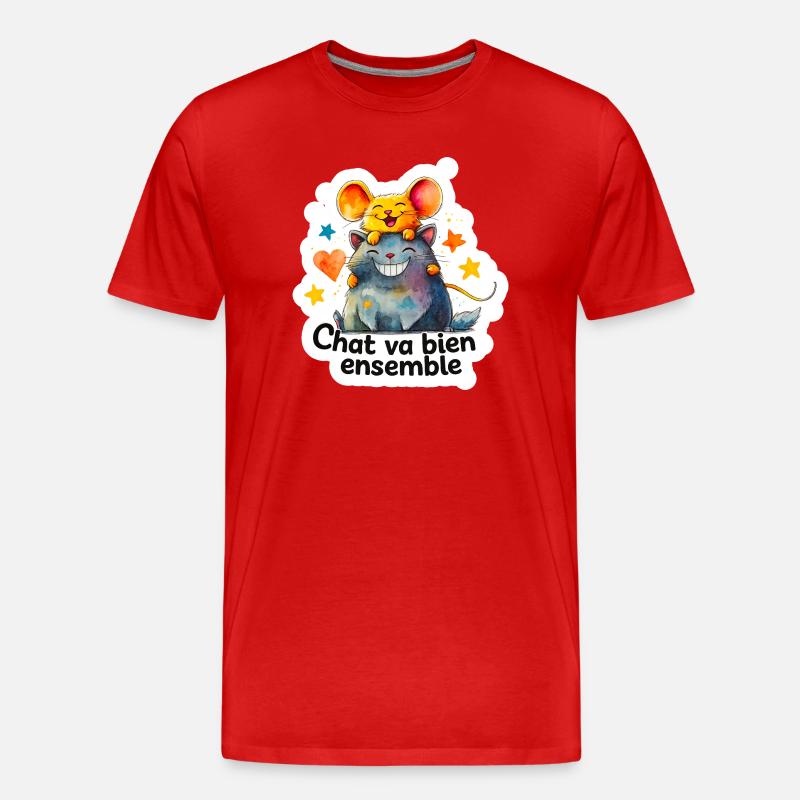 Chat et Souris Heureux Ensemble - T-shirt bio Premium Homme - rouge