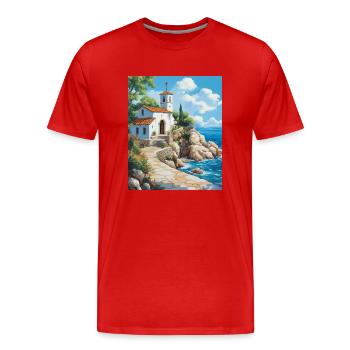 L’église chrétienne au bord de la mer en Grèce - T-shirt bio Premium Homme - rouge - Devant - Damien (186cm)