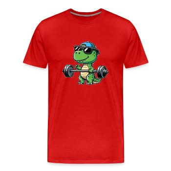 T-Rex Workout: Dinosaur Bench Press for - Men's Premium Organic T-Shirt - red - Front - Damien (186cm)