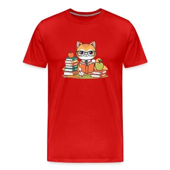 Zurück in die Schule: Fleißiger Katzen-Cartoon - Männer Premium Bio T-Shirt - Rot - Vorne - Damien (186cm)