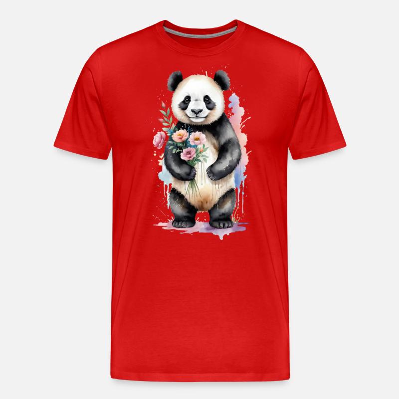 Panda avec des fleurs - Aquarelle - T-shirt bio Premium Homme - rouge