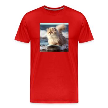 Perserkatze Negan beim Wellenreiten - Männer Premium Bio T-Shirt - Rot - Vorne - Damien (186cm)