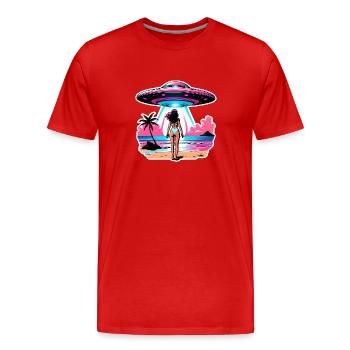UFO abduction during summer beach vacation. - Men's Premium Organic T-Shirt - red - Front - Damien (186cm)