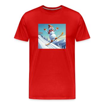 Bonhomme de neige sur planche à neige – Plongez dans l’hiver - T-shirt bio Premium Homme - rouge - Devant - Damien (186cm)