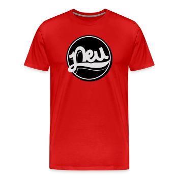 Neu Button, Störer, Neu, New - Männer Premium Bio T-Shirt - Rot - Vorne - Damien (186cm)