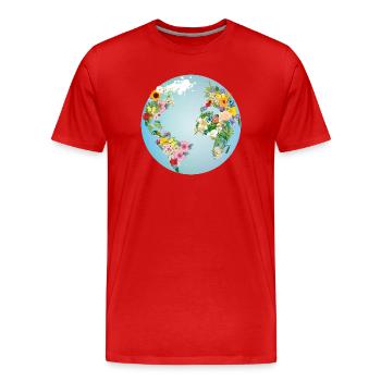 hellblaue Weltkugel mit Kontinente aus Blumen - Männer Premium Bio T-Shirt - Rot - Vorne - Damien (186cm)