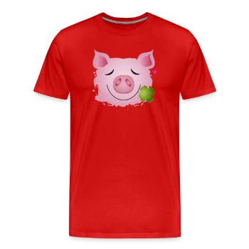 Glücksschwein mit vierblättrigen Kleeblatt im Mund - Männer Premium Bio T-Shirt - Rot - Vorne - Damien (186cm)