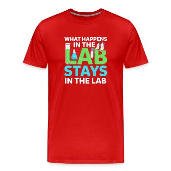 What Happens In The Lab Stays In Lab Chemie Labor - Männer Premium Bio T-Shirt - Rot - Vorne - Damien (186cm)