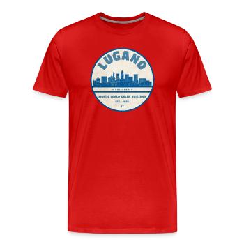 Lugano Skyline Badge - Men's Premium Organic T-Shirt - red - Front - Damien (186cm)