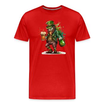 Leprechaun Green : Bière et Cruche - T-shirt bio Premium Homme - rouge - Devant - Damien (186cm)