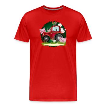 Drôles d’animaux de ferme avec tracteur rouge - T-shirt bio Premium Homme - rouge - Devant - Damien (186cm)